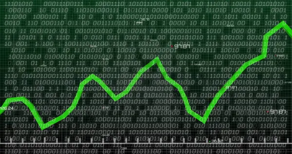 Karanlık arka planda ikili kodlama ve finansal veri işleme görüntüsü. Küresel finans, iş, bağlantılar, hesaplama ve veri işleme kavramı dijital olarak oluşturuldu.