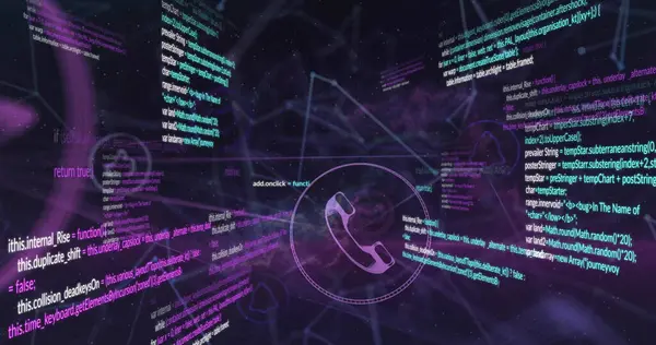 stock image Image of multicolored computer language and multiple connected icons over black background. Digitally generated, hologram, communication, like, social media, coding and technology concept.