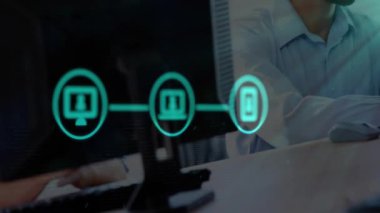 Ofisteki telefon kulaklığı kullanan beyaz meslektaşların medya simgelerinin canlandırılması. İş, teknoloji ve dijital arayüz kavramı dijital olarak oluşturuldu.