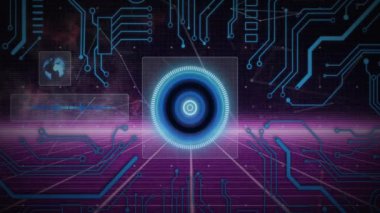 Bağlantı ağı üzerinden tarama alanının animasyonu. Sosyal medya, teknoloji ve dijital arayüz kavramı dijital olarak oluşturulmuş video.