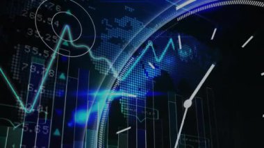 Veri işleme animasyonu ve saat üzerinde dünya haritası. İş, teknoloji ve dijital arayüz kavramı dijital olarak oluşturuldu.