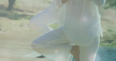 Kafkasyalı çiftler üzerinde yoga yapan ışık noktalarının animasyonu. Spor, doğa ve dijital arayüz konsepti dijital olarak oluşturulmuş video.