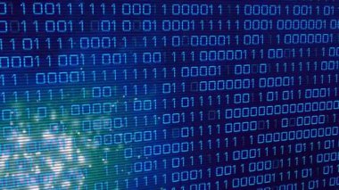 Işık noktalarının üzerinde ikili kodlama animasyonu. İş, teknoloji ve dijital arayüz kavramı dijital olarak oluşturuldu.