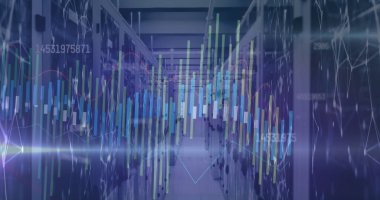 Sunucu odasındaki bağlantılı noktalarla grafikler üzerinden numara değiştirme görüntüsü. Dijital bileşik, çoklu pozlama, iletişim, rapor, iş, teknoloji ve ağ sunucu kavramı.