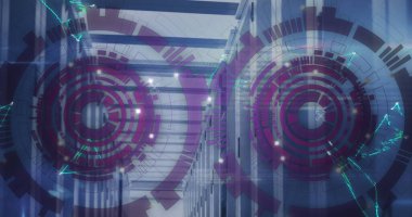 Daireler yükleme resmi, bağlantı noktaları veri sunucu odasının üzerinde üçgen oluşturuyor. Dijital bileşik, çoklu pozlama, iletişim, iş, ilerleme, veri merkezi, ağ sunucu kavramı.