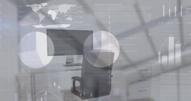 Ofis masasında bilgisayarla finansal veri işleme resmi. Küresel iş, finans, iletişim ve dijital arayüz kavramı dijital olarak oluşturulmuş görüntü.