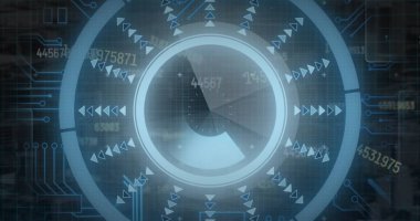 Yuvarlak tarayıcının görüntüsü ve mikroişlemci bağlantılarına karşı çoklu değişen sayılar. Bilgisayar arayüzü ve iş teknolojisi kavramı