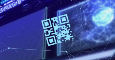 QR kodlarının döngüsü, dünya ile bağlantılı noktalar, soyut arkaplan üzerinde bilgisayar dili. Dijital olarak üretilmiş, hologram, iletişim, barkod, küreselleşme, kodlama ve teknoloji.