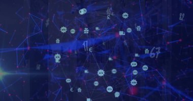 Birbirine bağlı simgelerin üzerine düşen rakamların görüntüsü dünyayı oluşturur ve noktaları birleştirir. Dijital olarak üretilen, satış, telekomünikasyon, finans, ekonomi, sosyal medya, soyut, geleceksel ve teknoloji.