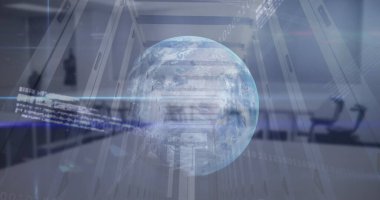 Bilgisayar sunucu odasındaki finansal ve borsa veri işleme görüntüsü. Küresel ekonomi ve iş veri depolama teknolojisi kavramı