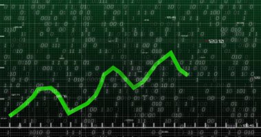 Karanlık arka planda ikili kodlama ve finansal veri işleme görüntüsü. Küresel finans, iş, bağlantılar, hesaplama ve veri işleme kavramı dijital olarak oluşturuldu.