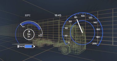 Araç simgesinin üzerinde dijitalleşmiş veri işleme resmi. Otomobil mühendisliği ve teknoloji kavramı