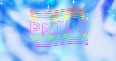 Soyut şablona karşı çizgiler ve kayan yıldızlar arasındaki gurur metni görüntüsü. Dijital olarak üretilmiş, illüstrasyon, aydınlanma, özgürlük, eşitlik, lgbtqia hakları, lgbtqia kültür kavramı.