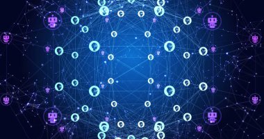 İnsanların ve robot simgelerinin çizgilerle birleşmesi ve dünyayı oluşturması. Dijital olarak üretilmiş, makine öğrenimi, yapay zeka, telekomünikasyon, ağ, geleceksel, teknoloji.