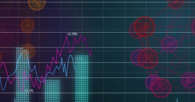 Karanlık arka planda ikonlar ve finansal veri işleme ile bağlantıların görüntüsü. Küresel finans, iş, bağlantılar, hesaplama ve veri işleme kavramı dijital olarak oluşturuldu.