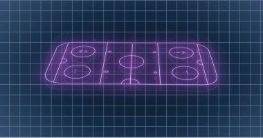 Image of grid pattern over illuminated sports court against black background. Digitally generated, hologram, illustration, three dimensional, game plan, strategy and competition concept. clipart