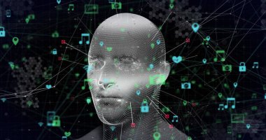 Siyah zemin üzerinde dönen ve birbirine bağlı simgelerin küre oluşturduğu insan yüzü görüntüsü. Dijital olarak üretilmiş, hologram, iletişim, küreselleşme, anatomi, gelecek ve teknoloji kavramı.