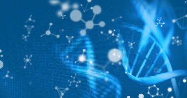 Mavi arka planda dönen DNA ve moleküler yapıların görüntüsü. Tıbbi araştırma ve bilim teknolojisi kavramı