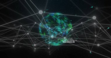 Şekiller dünyasındaki diyagramlarla bağlantılı ağ görüntüsü. Küresel teknoloji ve dijital arayüz kavramı, dijital olarak oluşturulmuş görüntü.