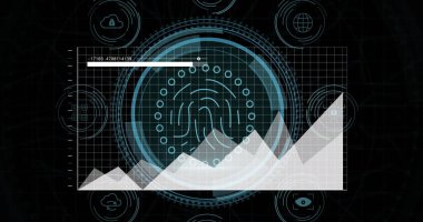 Dijital simgeler ve biyometrik parmak izi tarayıcısıyla istatistiksel veri işleme görüntüsü. Siber güvenlik ve iş teknolojisi kavramı