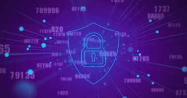 Kalkandaki asma kilidin etrafındaki noktaların görüntüsü ve mavi arka plandaki sayıları değiştiriyor. Dijital olarak üretilen, hologram, illüstrasyon, iş, büyüme, koruma ve teknoloji kavramı.