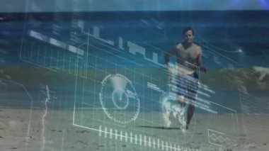 Deniz kenarında koşan beyaz adamın veri işleme ve diyagramlarının animasyonu. Spor, teknoloji ve dijital arayüz konsepti dijital olarak oluşturulmuş video.