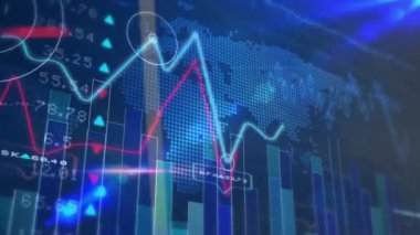 Dünya haritası üzerinde veri işleme animasyonu. İş, teknoloji ve dijital arayüz kavramı dijital olarak oluşturuldu.