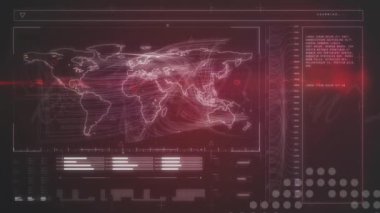 Dünya haritası üzerinde veri işleme animasyonu. İş, teknoloji ve dijital arayüz kavramı dijital olarak oluşturuldu.