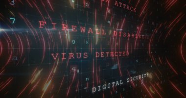 Çevrimiçi güvenlik uyarılarıyla parlayan tünelde dijital arayüz görüntüsü. Küresel teknoloji ve bağlantı ağı konsepti dijital olarak oluşturulmuş görüntü.