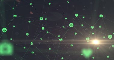 Dijital simgelerden oluşan ağın üzerinden mavi arkaplana doğru hareket eden bir ışık lekesi. Küresel ağ ve teknoloji kavramı