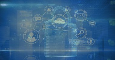 Mavi arkaplandaki asma kilit simgesi üzerinden veri işleme ve bağlantı ağının resmi. Küresel teknoloji, çevrimiçi güvenlik ve dijital arayüz kavramı dijital olarak oluşturulmuş görüntü.
