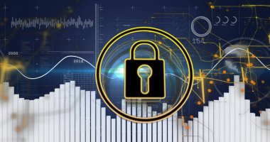 Simge resmini finansal veri grafikleri ve grafikleri üzerine kilitle. Güvenlik, finans, siber güvenlik, şifreleme, veri koruması, fintech