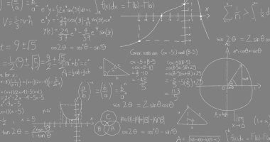 Gri arkaplan üzerinde matematik grafikleri ve verileri. eğitim, öğrenme ve bilim konsepti dijital olarak oluşturulmuş görüntü.