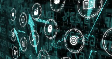 Dijital şebeke üzerinde iş simgeleri ve finansal veri işleme resmi. Finans, teknoloji, analitik, ekonomi, fütüristik, borsa