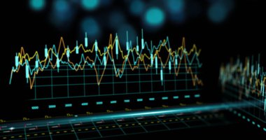 Siyah arkaplan üzerinden finansal veri işleme resmi. Küresel finans, iş, bağlantılar, hesaplama ve veri işleme kavramı dijital olarak oluşturuldu.