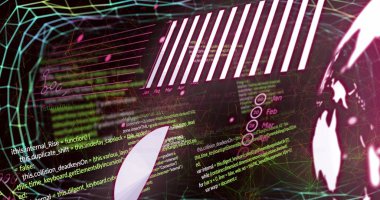 Siyah arkaplanda grafik ve veri işleme resmi. Ağ, veri işleme ve finansman konsepti dijital olarak oluşturuldu.