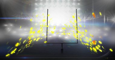 Amerikan futbol stadyumunda kıvılcımlar görünüyor. Küresel spor ve dijital arayüz kavramı dijital olarak oluşturulmuş görüntü.