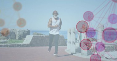 Sahilde koşan kıdemli Afro-Amerikan bir adam için bağlantı ağı görüntüsü. sağlıklı, aktif yaşam tarzı, bağlantılar ve dijital arayüz konsepti dijital olarak oluşturulmuş görüntü.