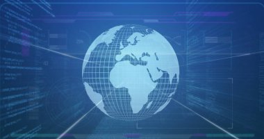 Resim mavi bir arkaplanda veri işlemesini gösteriyor. Küresel sosyal medya veya iletişim ağlarını temsil edebilir. 