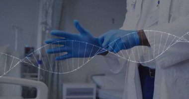 Hastanedeki Afrikalı Amerikalı erkek doktor üzerinde DNA iplikçikleri ve veri işleme görüntüsü. Küresel tıp, sağlık, bilgisayar ve dijital arayüz kavramı dijital olarak oluşturuldu.