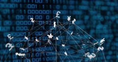 Döviz sembolleri ve ikili kodlama veri işleme sistemli dünya görüntüsü. Küresel finans, iş, bağlantılar, hesaplama ve veri işleme kavramı dijital olarak oluşturuldu.