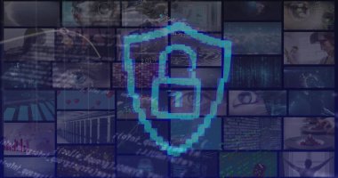 Çevrimiçi güvenlik kilidi ve veri işleme görüntüsü ekranlarda. küresel bağlantılar, veri işleme ve dijital arayüz konsepti dijital olarak oluşturulmuş resim.