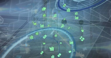 Ortam simgeleri üzerinde veri işleme resmi. Küresel iş ve dijital arayüz kavramı, dijital olarak oluşturulmuş görüntü.