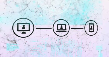 Dijital iletişimi temsil eden üç simge ağ arka planında yüzüyor. Her simge bir diğerine bağlanıyor, bağlantı ve veri akışını sembolize ediyor