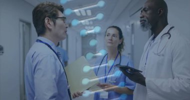 Hastanede çalışan çeşitli doktorların üzerindeki DNA 'nın görüntüsü. Küresel tıp, sağlık, bilgisayar ve dijital arayüz kavramı dijital olarak oluşturuldu.