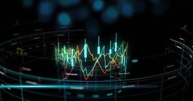Siyah arkaplan üzerinden finansal veri işleme resmi. Küresel finans, iş, bağlantılar, hesaplama ve veri işleme kavramı dijital olarak oluşturuldu.