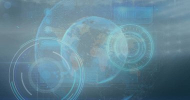 Dünya üzerinde veri işleme görüntüsü. Küresel iş, spor ve dijital arayüz kavramı dijital olarak oluşturulmuş görüntü.