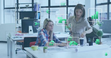 Farklı meslekdaşların ofiste iş görüşmesi üzerine ekoloji simgeleri. Küresel iş, ekoloji, finans ve dijital arayüz kavramı dijital olarak oluşturulmuş görüntü.