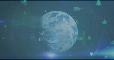 Dünya çapında ikili kodlama ve veri işleme görüntüsü. Küresel hesaplama, ağlar, bağlantılar ve dijital olarak oluşturulan veri işleme kavramı.