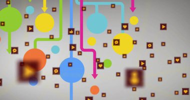 Gri arkaplana karşı soyut renkli şekiller üzerine çoklu dijital simgelerin görüntüsü. Küresel ağ ve iş teknolojisi kavramı